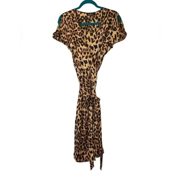 Lulus Wild Night Out Taupe Leopard Print Wrap Midi Dress | M - Picture 2 of 14
